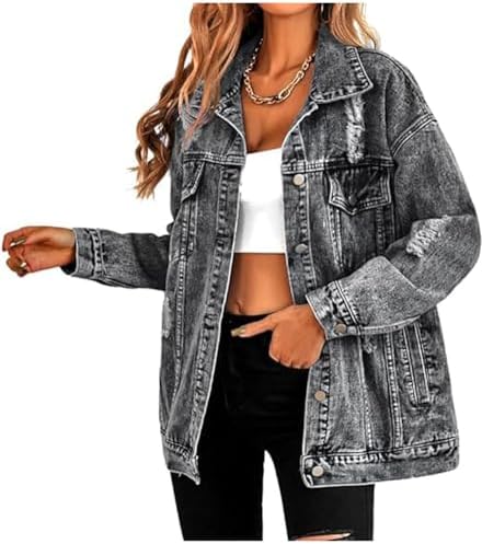 CYLADY Women's Casual Oversized Denim Jacket Long Sleeved Button